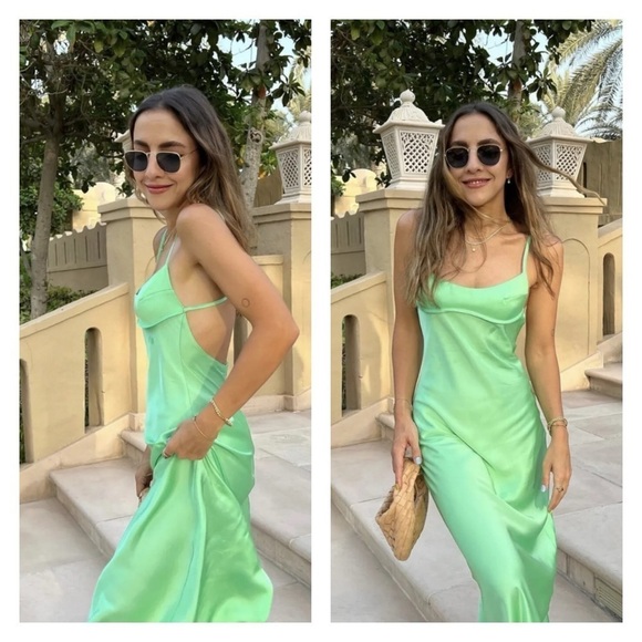 ZARA Light Green Backless Satin Midi Slip Dress Small Blogger Favorite Sexy NWT - Picture 3 of 8